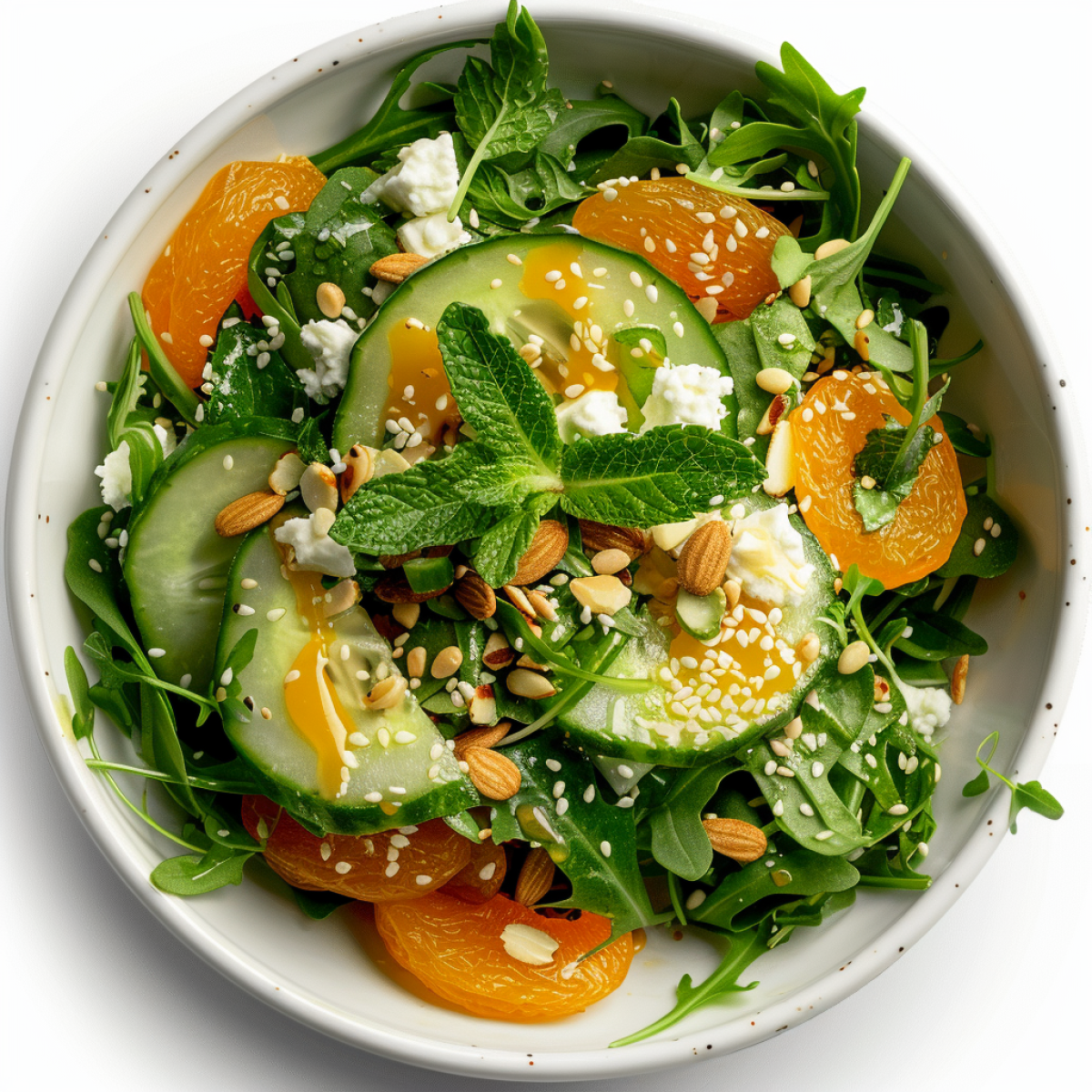 Salade fraîche d’été aux amandes, abricots secs et feta